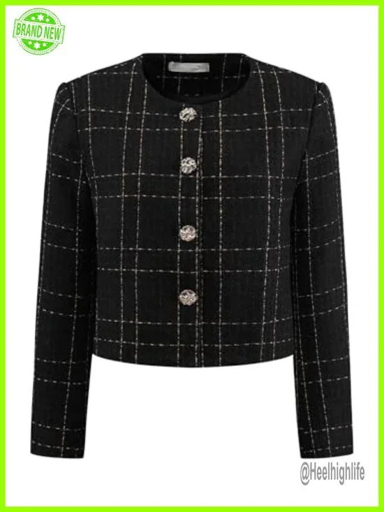 Womens Collarless Blazer Plaid Button Front Crop Tweed Jacket