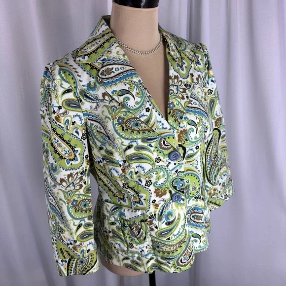 Kasper & Company Womens Paisley Blazer Jacket Green Blue Cotton Blend Size 6‎