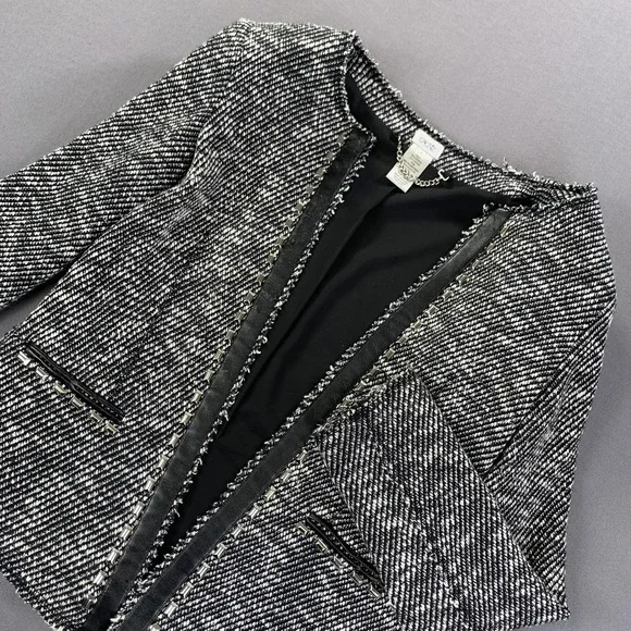 Cache Jacket Womens 8 Black White Tweed Open Front Chain Trim Blazer Career