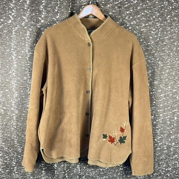 Attraction Fleece Embroidered‎ Leaves Fall Button Up Light Jacket