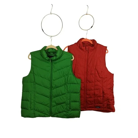 Lands End Womens Puffer Vest Lot of 2 Green Red Quilted Full Zip Size XL