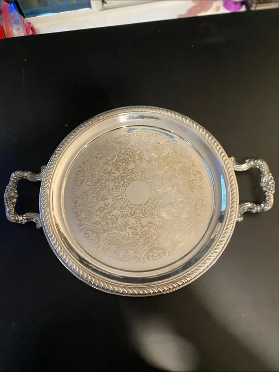 Ornate Silver-Tone Serving Tray with Handles