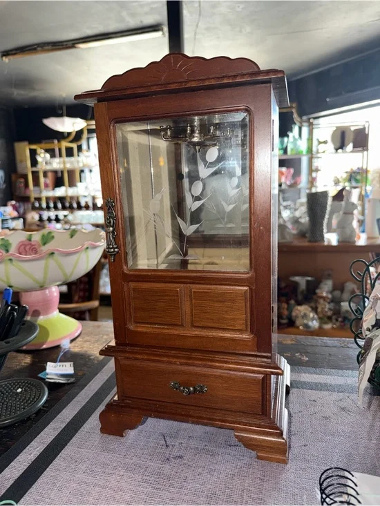 Vintage Wood Finish Mirrored Jewelry Armoire Cabinet - Brown