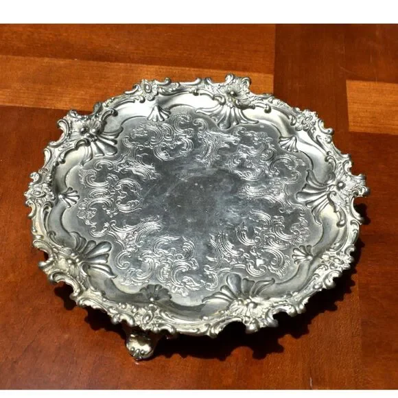 Antique Elkington & Co Silverplate Footed Salver Card Tray Rococo Victorian 8.5
