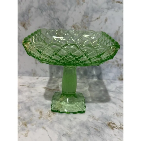 L.E. Smith 1960 Green Glass Compote Trellis Pressed Pattern Bowl 6 1/4