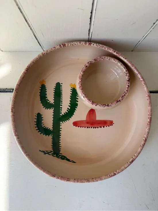Himark Vintage Portugal Cactus Chip and Dip Platter Hand Painted Ceramic 90s