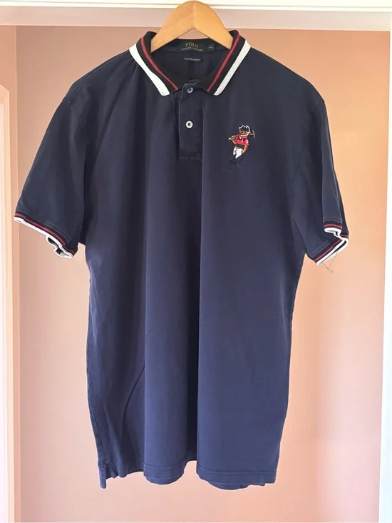 Vintage Ralph Lauren Navy Polo with Red, White Trim and Embroidered Bear