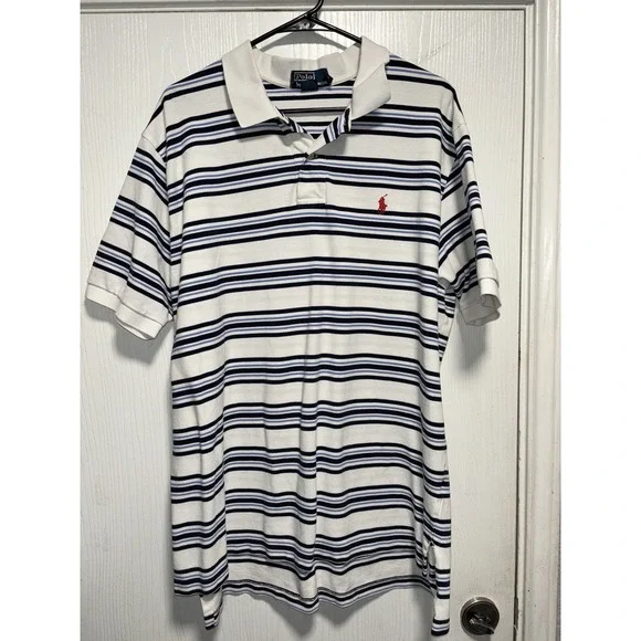 Polo Ralph Lauren Vintage Short Sleeve Polo Shirt Men's XXL White Blue Stripe 90