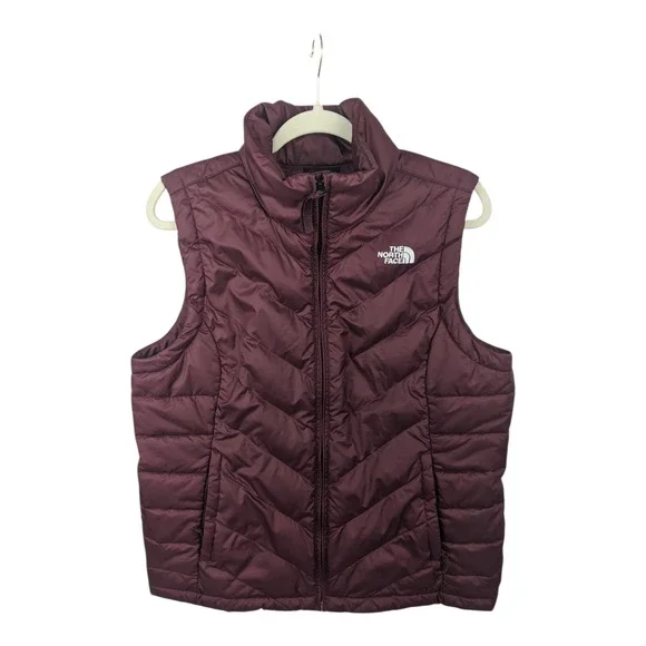 The North Face Womens 550 Down Puffer Vest Burgundy Maroon Chevron Quilted Large
