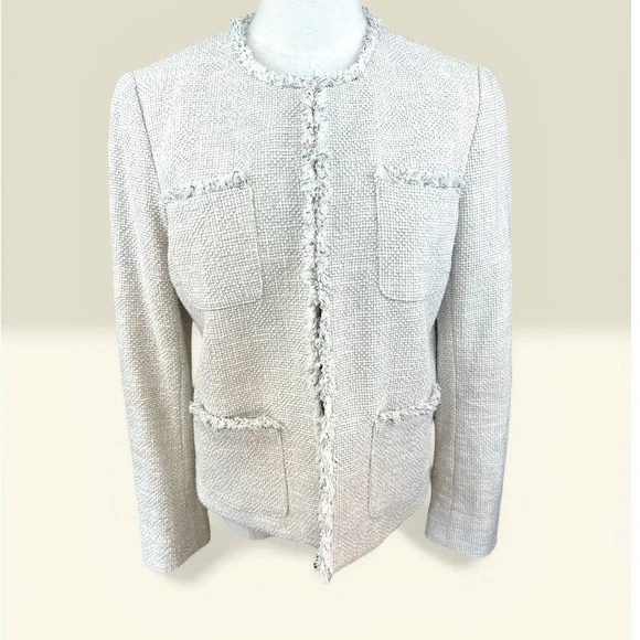 J.McLaughlin Tweed Lady Jacket Size S‎ Cream Fringe Trim Cotton Blend Excellent