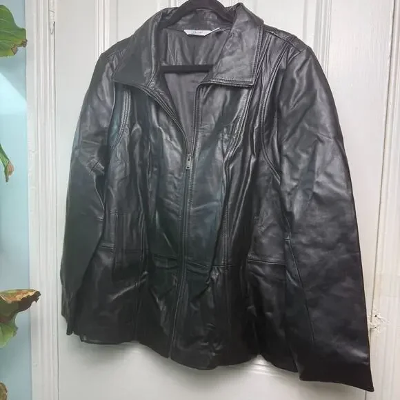 D&Co Womens Leather Seamed Jacket Pockets Zip Black 2X *FLAW*