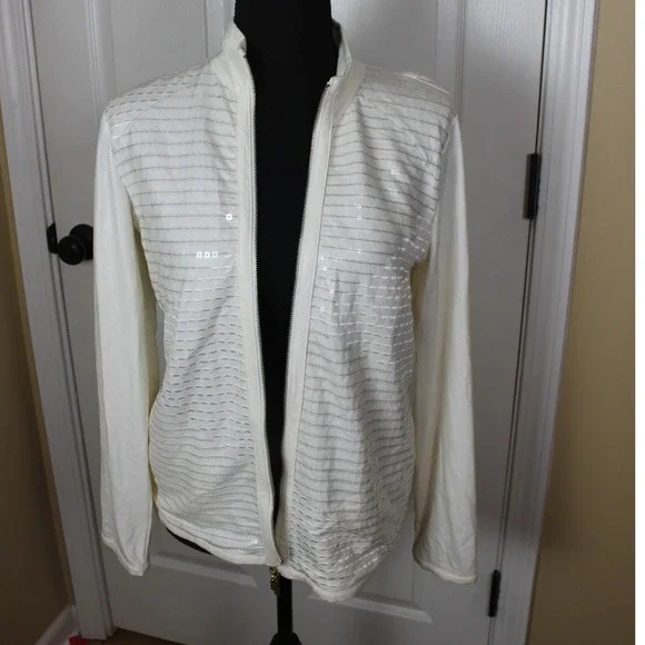 Chicos Women's Sequined Detail Full Zip Lightweight Cream Jacket Size‎ 0