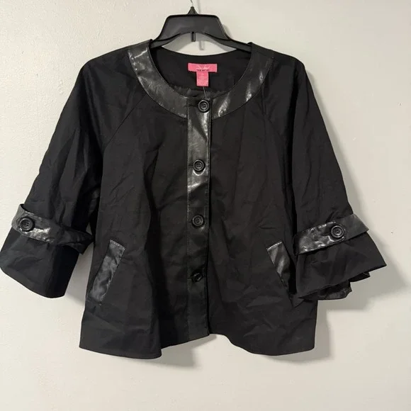 Du jour Women's black swing jacket Tulip Sleeves Faux Leather Accents 2X‎ NWT