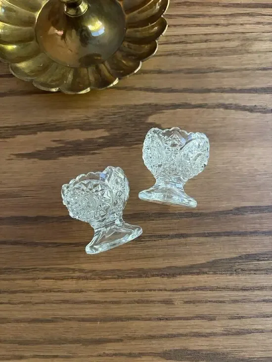 Antique EAPG Salt Cellars Footed Glass Open Salts Set Of 2 Starburst And Shells