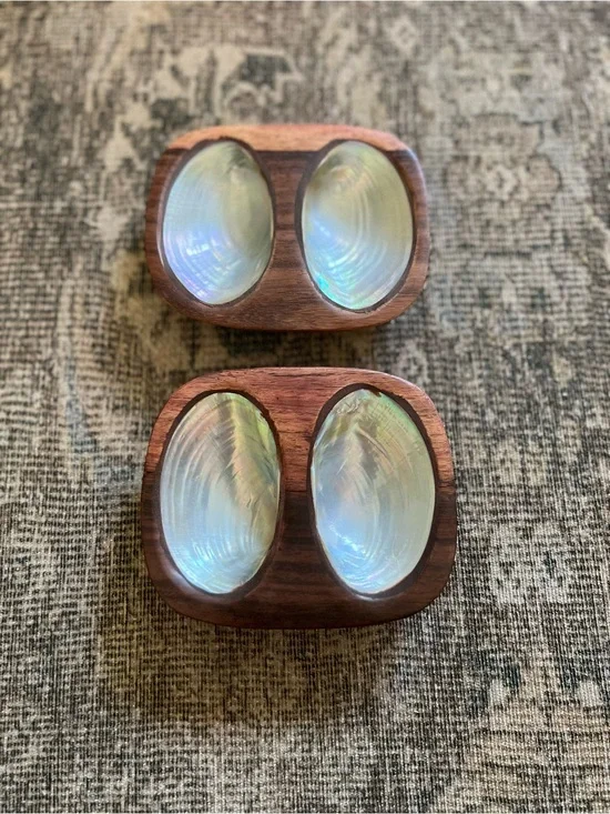 2 Vintage Mid-Century Monkey Pod Wood Double Salt Cellars Mother of Pearl Inlay