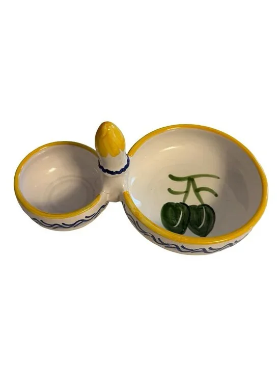 Vintage Spanish Hand Painted Ceramic Olive Serving Dish Pit Bowl Toothpick Holde
