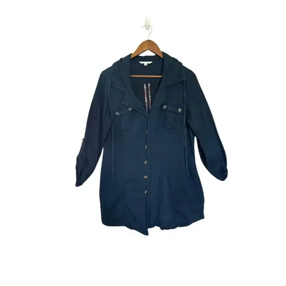 CAbi Dark Wash Denim Hooded Utility Shirt Jacket Shacket Hoodie L Navy Blue‎