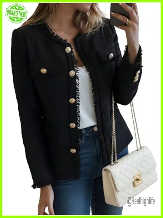 Tweed Blazer Jacket Crewneck Open Front Office Coat Pockets