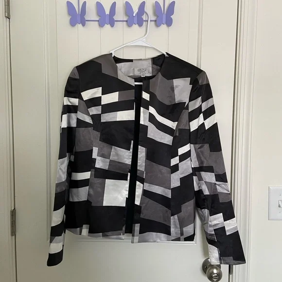 Vintage Kasper women’s geometric block pattern black gray white blazer jacket 10