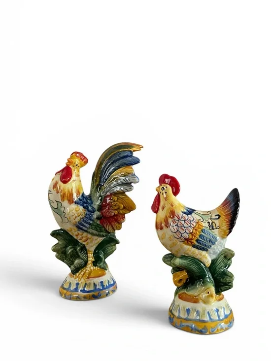 Fitz & Floyd Ricamo Rooster and Hen Salt & Pepper Set of 2