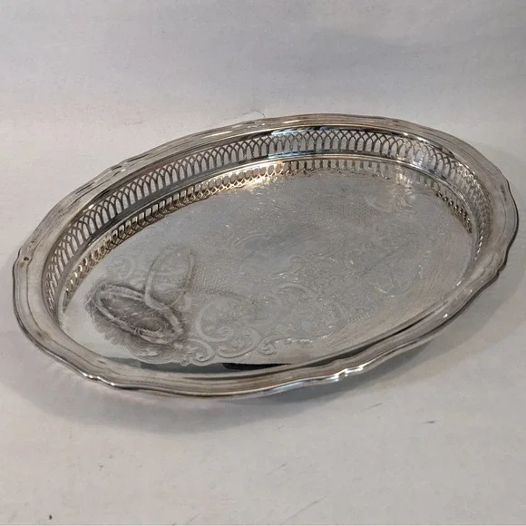 Vtg Oneida Silver Plated Oval Serving Tray Etched Floral Pierced Gallery Rim 15