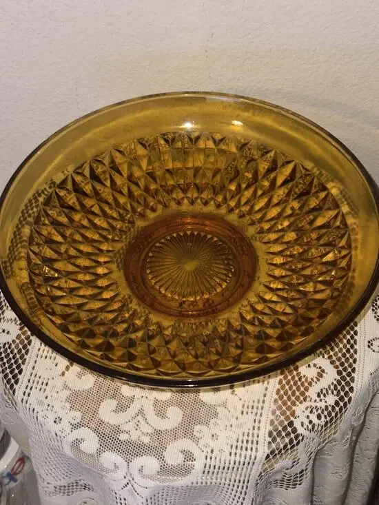 Vintage Indiana Diamond Point Amber Glass 13.5” Fruit, Salad, Serving Bowl