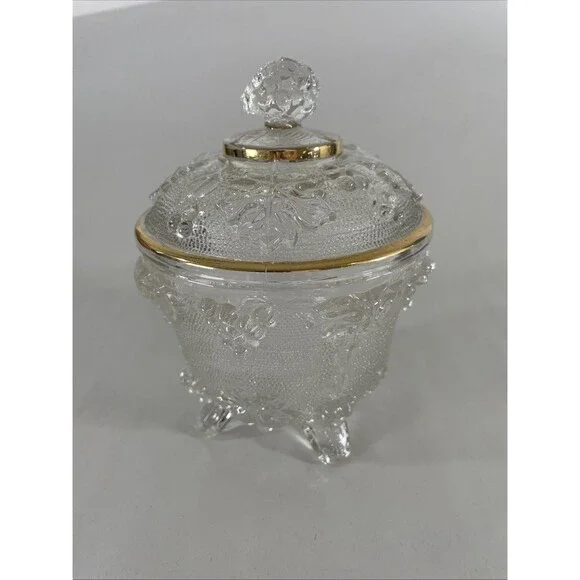 Jeanette Glass Clear Footed Candy Dish w/Gold Trim w/Lid Harvest Grape VTG