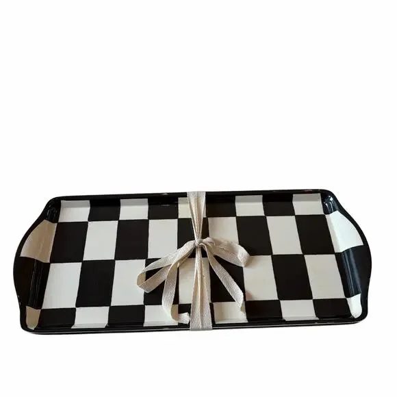 2pc Black & White Checkered Melamine Serving Trays 15x6.5 Mackenzie Style New