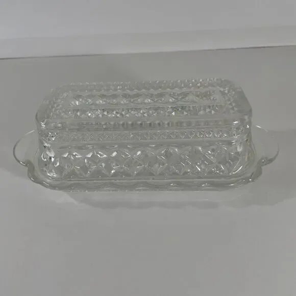 Vintage Wexford Anchor Hocking Glass Covered Butter Dish Diamond Point Pattern