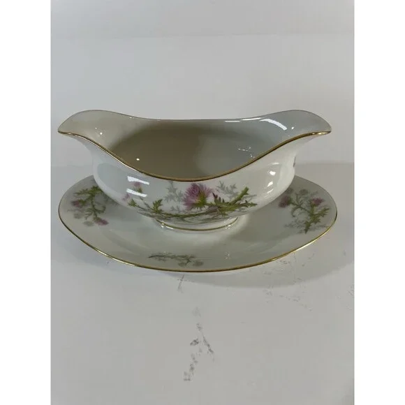 Limoges France Gravy Boat w/ Attached Underplate Thistle Floral Gold Trim