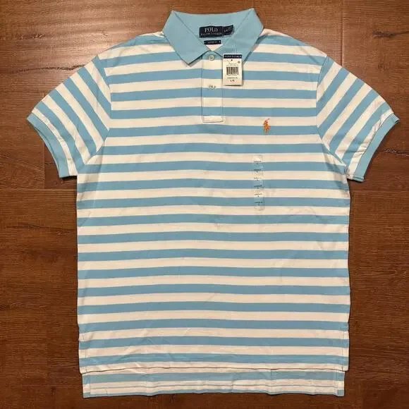 Ralph Lauren Polo Shirt Mens L Blue Stripe Short Sleeve Custom Fit Preppy Pony