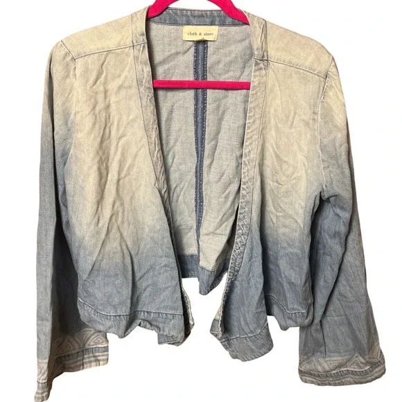Cloth & Stone Ombre Denim‎ Kimono Jacket Blue Light Wash Geometric Trim L Tie