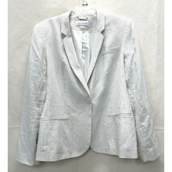 Calvin Klein Minimalist Clean Girl Pinstripe Linen Blend Blazer Cream Womens 16
