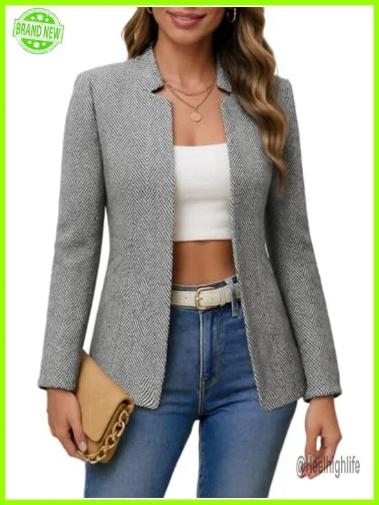 Herringbone Tweed Blazer Jacket - Open Front Notch Collar Full-Lined Slim Fit