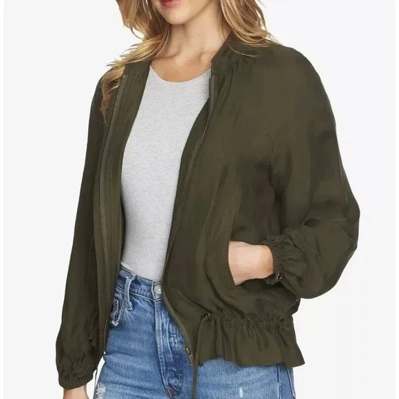 Zara Basic Womens M Olive Green Full Zip Bomber Jacket Drawstring Streetwear‎