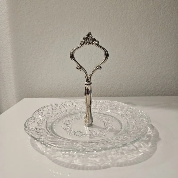 Vintage Crystal Center Piece With Silver Plated Handle Kingston Decor Plate Dish