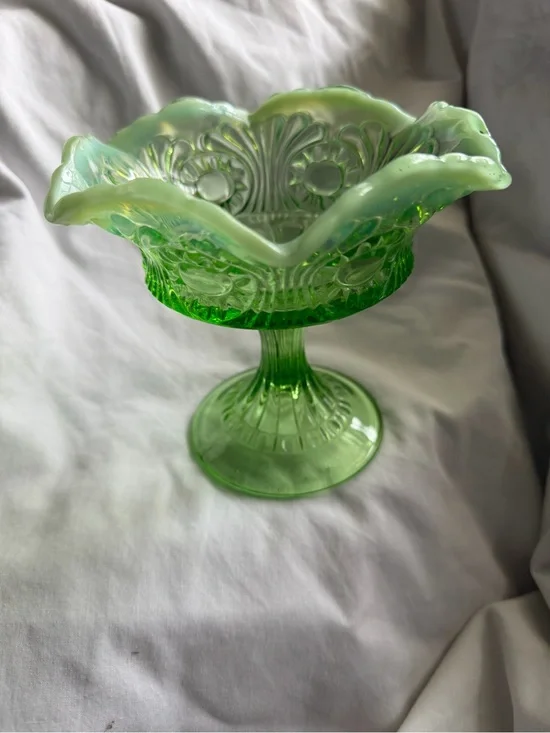 Green opalescent compote dish Northwood By the Glass Company.