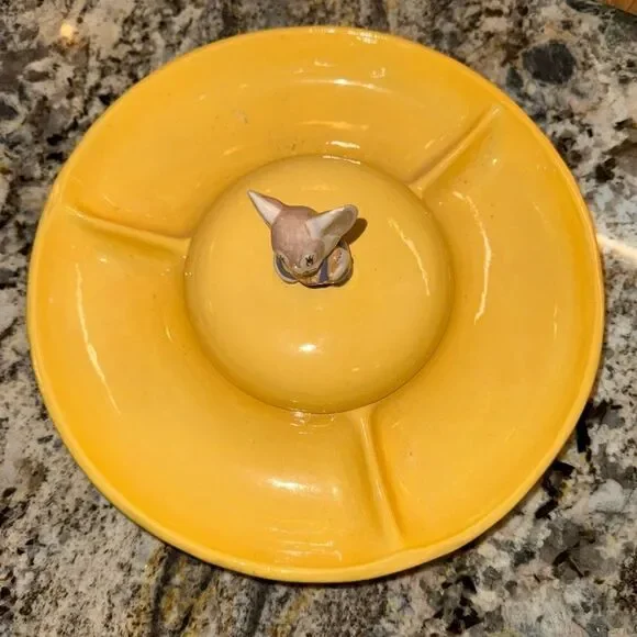 Homemade 1966 vintage ceramic cheese server with mouse topper lid