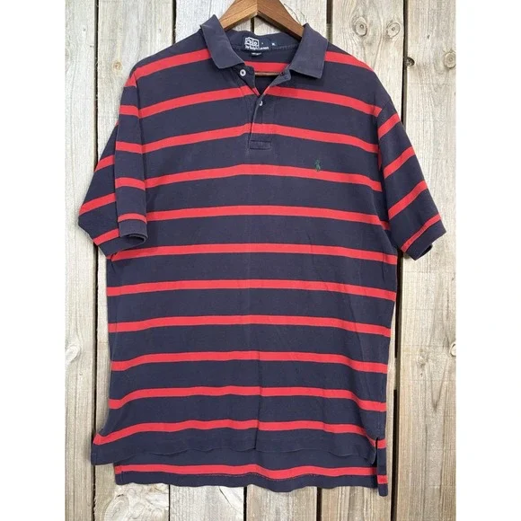 Vintage Ralph Lauren Striped Polo 🐎 Navy Red‎ XL Classic Pique