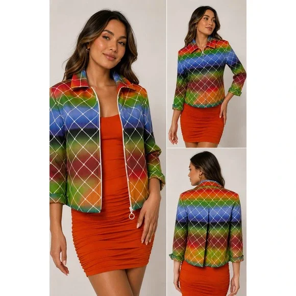 Akris Punto Rainbow Grid Ombre Full Zip Cotton Jacket Multi Color Size 6‎