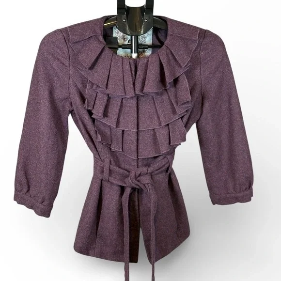 Tabitha Anthropologie Purple Wool Blend Ruffle Belted Jacket‎ Size 2 Snap Front