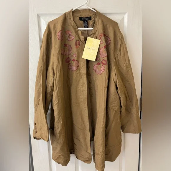 Dialogue Tan Button-Front Trench Coat with Pink Floral‎ Embroidery