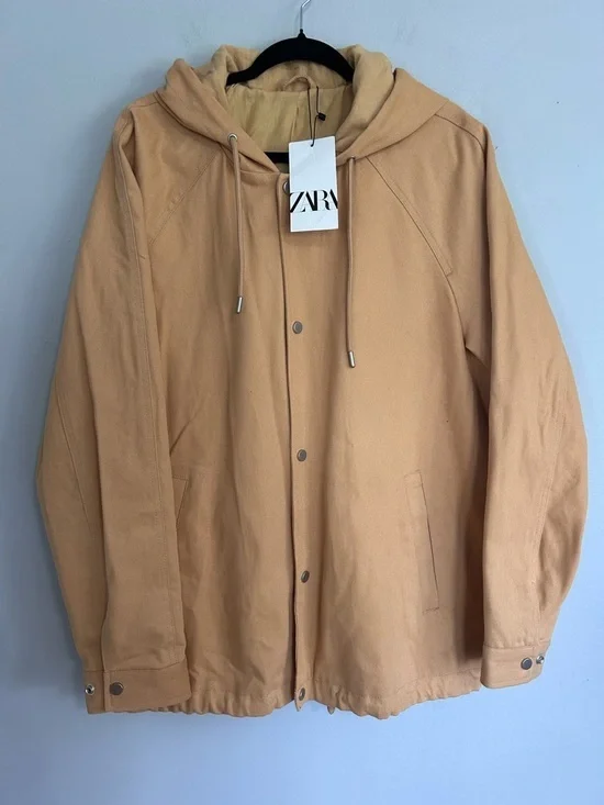 Zara Hooded Snap Jacket S NWT Cotton Utility Coat Minimalist Streetwear Tan