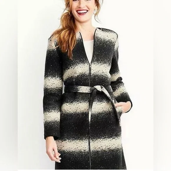 Hanna Andersson Women’s Belted Long Zip Jacket Black & Ivory Stripe Size L