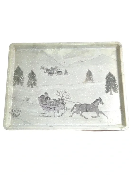Mid-Century Modern Tray with Horse and Sleigh Design