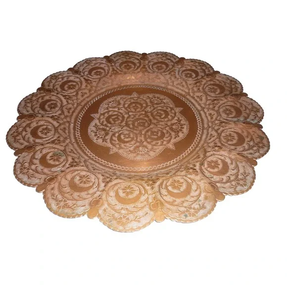 Vintage Hand Hammered Etched Copper Plate Floral‎ Moon Star Scalloped 12 Inch