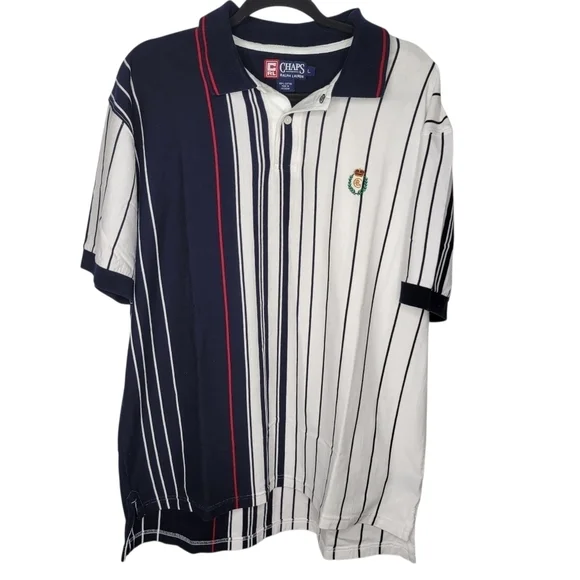 Vintage 90s Chaps Ralph Lauren Striped Polo Shirt Size Large in Blue White Red