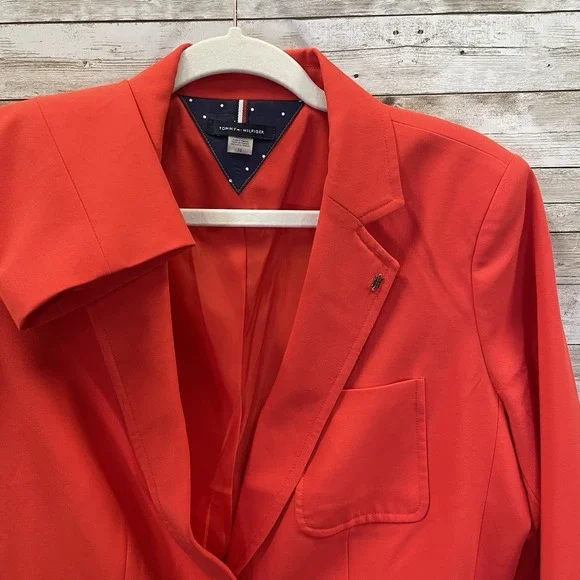 Tommy Hilfiger Womens 12 Blazer Classic Red 2‎ Button Silver Lapel Logo Lined