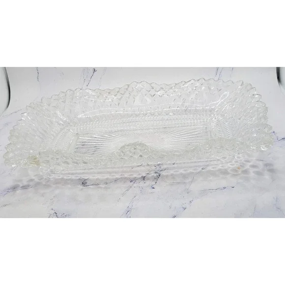 Vintage Federal Glass Diamond Point Ruffled Rim Rectangular Trinket Candy Tray