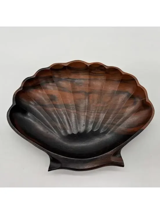 VTG Teak Shell Trinket Dish Tray MCM Cottage Core Coastal Marine Sea Ocean Beach
